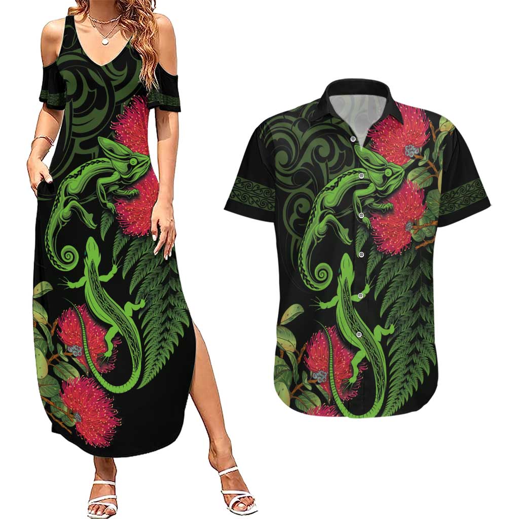 New Zealand Chameleon and Gecko Couples Matching Summer Maxi Dress and Hawaiian Shirt Maori Silver Fern and Pohutukawa Decoration