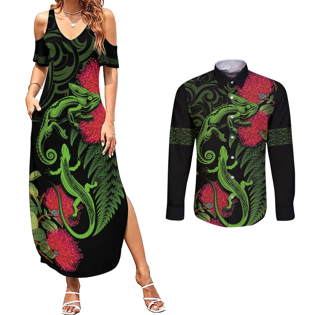 New Zealand Chameleon and Gecko Couples Matching Summer Maxi Dress and Long Sleeve Button Shirt Maori Silver Fern and Pohutukawa Decoration