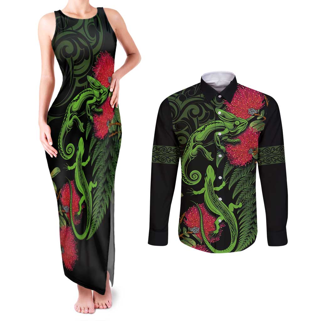 New Zealand Chameleon and Gecko Couples Matching Tank Maxi Dress and Long Sleeve Button Shirt Maori Silver Fern and Pohutukawa Decoration