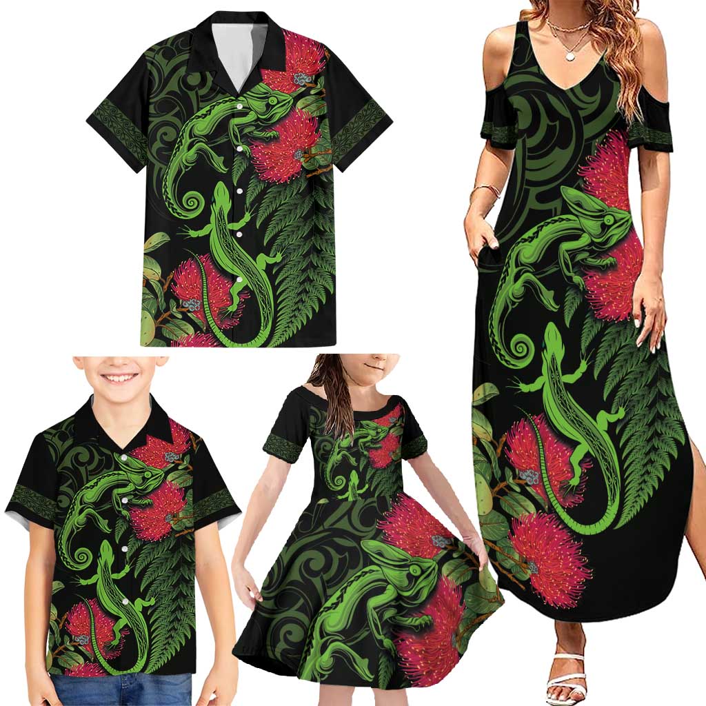 New Zealand Chameleon and Gecko Family Matching Summer Maxi Dress and Hawaiian Shirt Maori Silver Fern and Pohutukawa Decoration