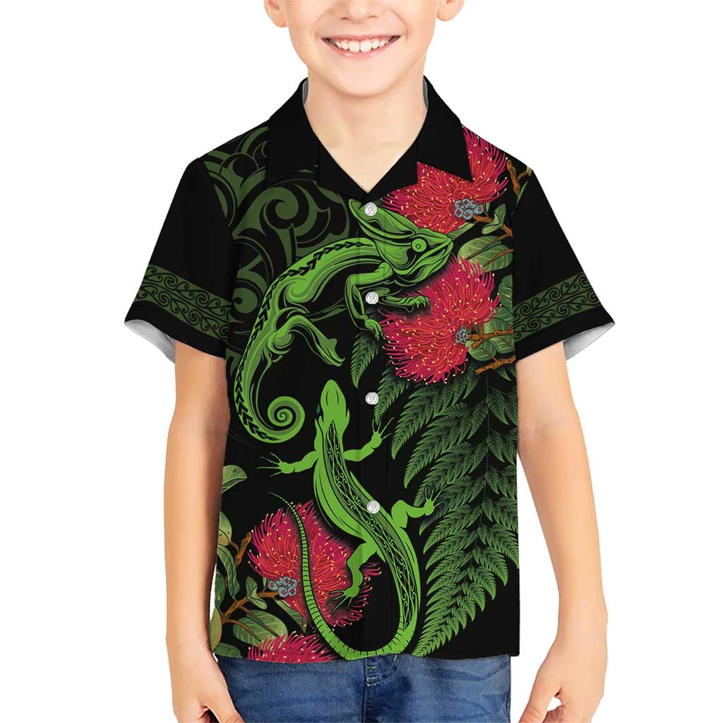 New Zealand Chameleon and Gecko Kid Hawaiian Shirt Maori Silver Fern and Pohutukawa Decoration