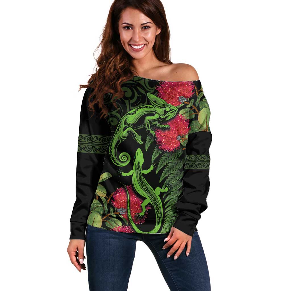 New Zealand Chameleon and Gecko Off Shoulder Sweater Maori Silver Fern and Pohutukawa Decoration LT03 Women Green - Polynesian Pride
