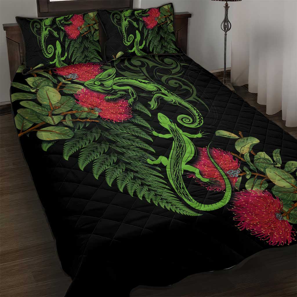 New Zealand Chameleon and Gecko Quilt Bed Set Maori Silver Fern and Pohutukawa Decoration