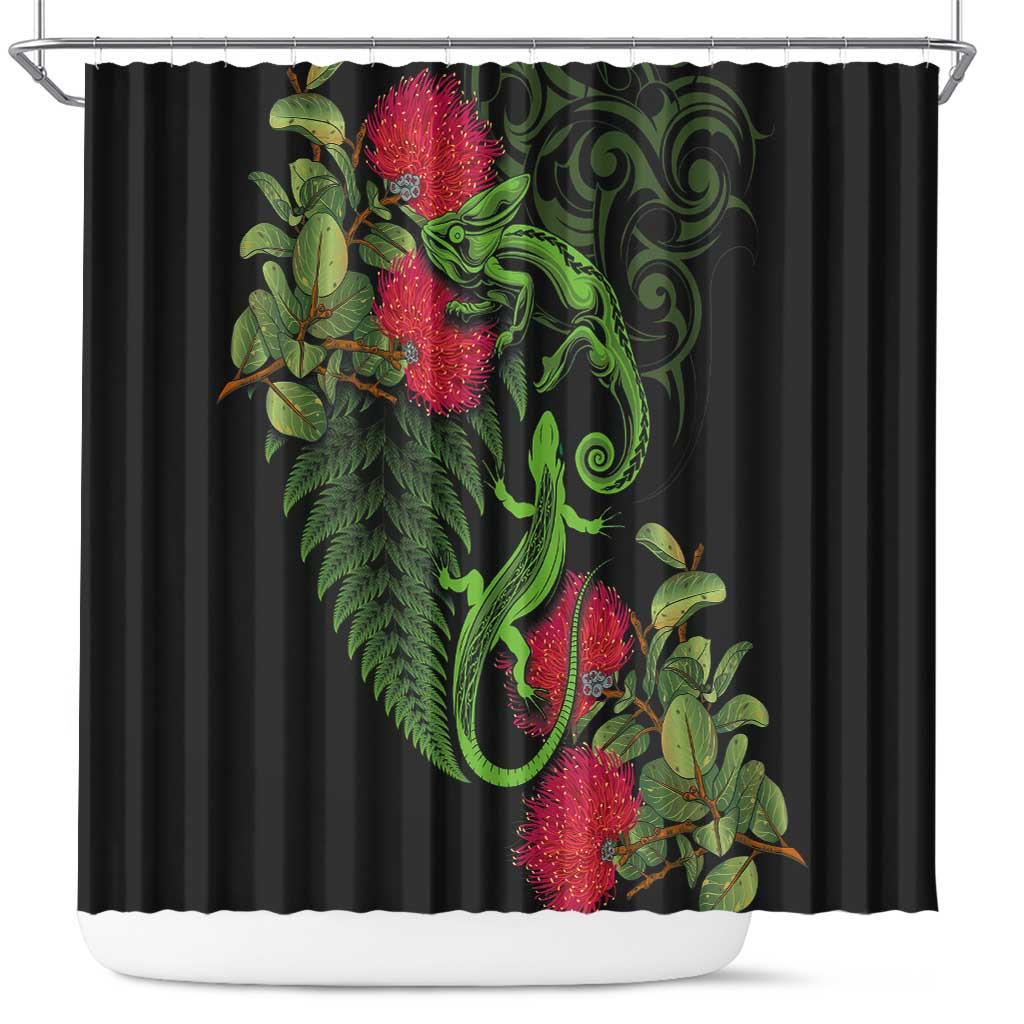 New Zealand Chameleon and Gecko Shower Curtain Maori Silver Fern and Pohutukawa Decoration