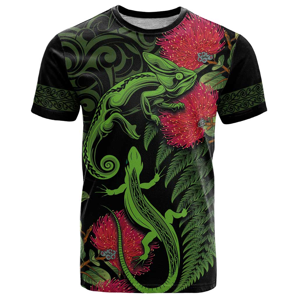 New Zealand Chameleon and Gecko T Shirt Maori Silver Fern and Pohutukawa Decoration LT03 Green - Polynesian Pride