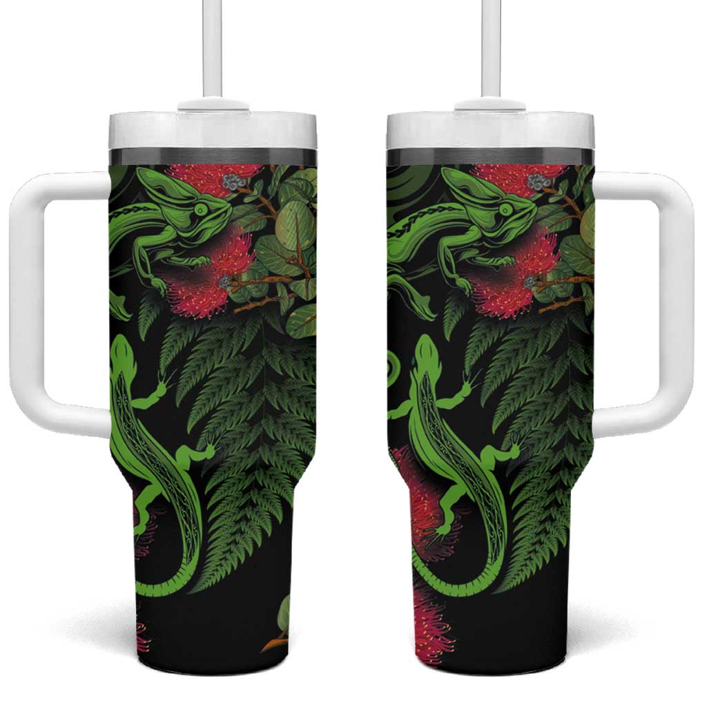 New Zealand Chameleon and Gecko Tumbler With Handle Maori Silver Fern and Pohutukawa Decoration