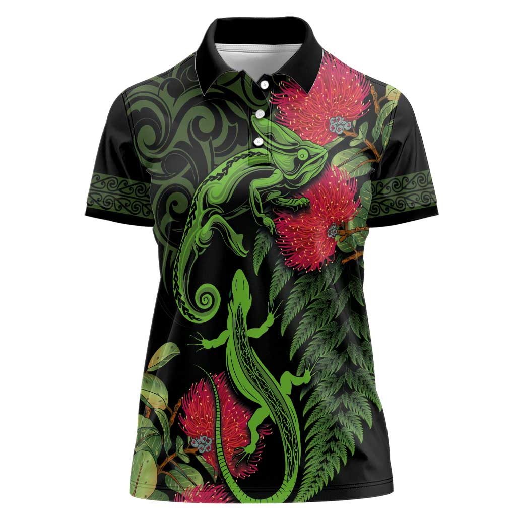 New Zealand Chameleon and Gecko Women Polo Shirt Maori Silver Fern and Pohutukawa Decoration