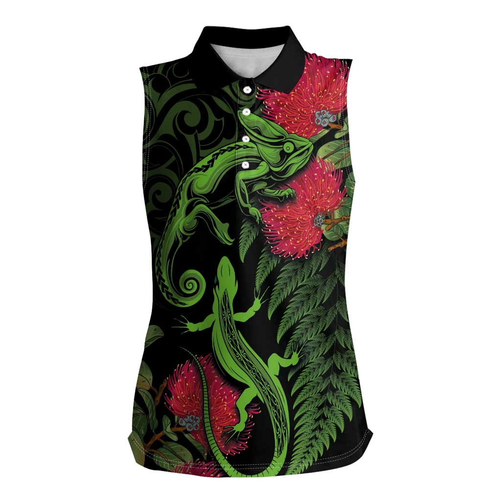 New Zealand Chameleon and Gecko Women Sleeveless Polo Shirt Maori Silver Fern and Pohutukawa Decoration