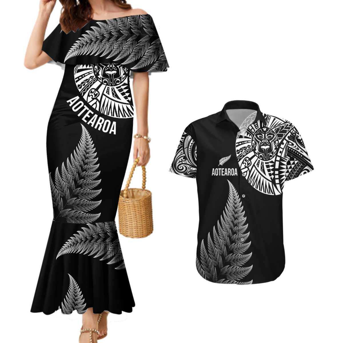 Personalised New Zealand Maori Art Tattoo and Silver Fern Couples Matching Mermaid Dress and Hawaiian Shirt