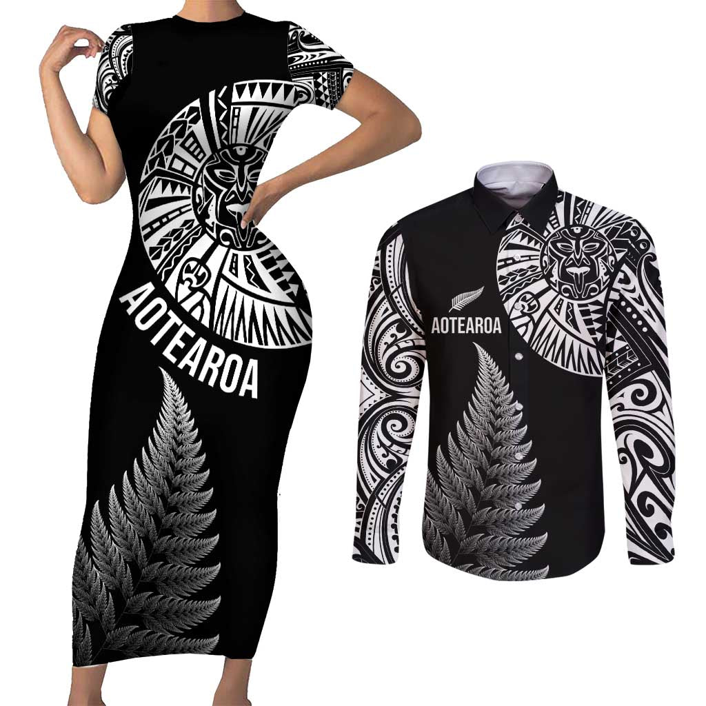 Personalised New Zealand Maori Art Tattoo and Silver Fern Couples Matching Short Sleeve Bodycon Dress and Long Sleeve Button Shirt