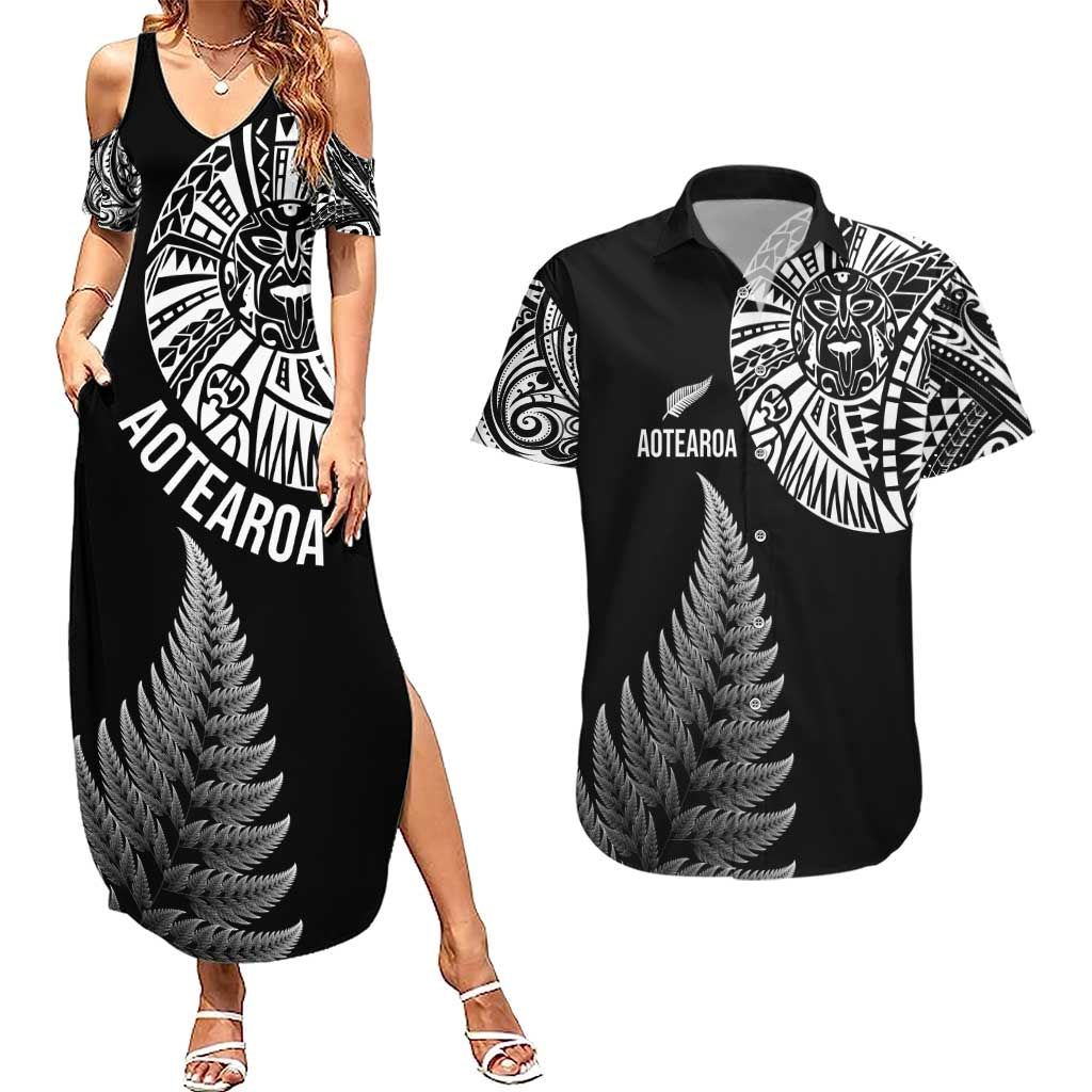 Personalised New Zealand Maori Art Tattoo and Silver Fern Couples Matching Summer Maxi Dress and Hawaiian Shirt