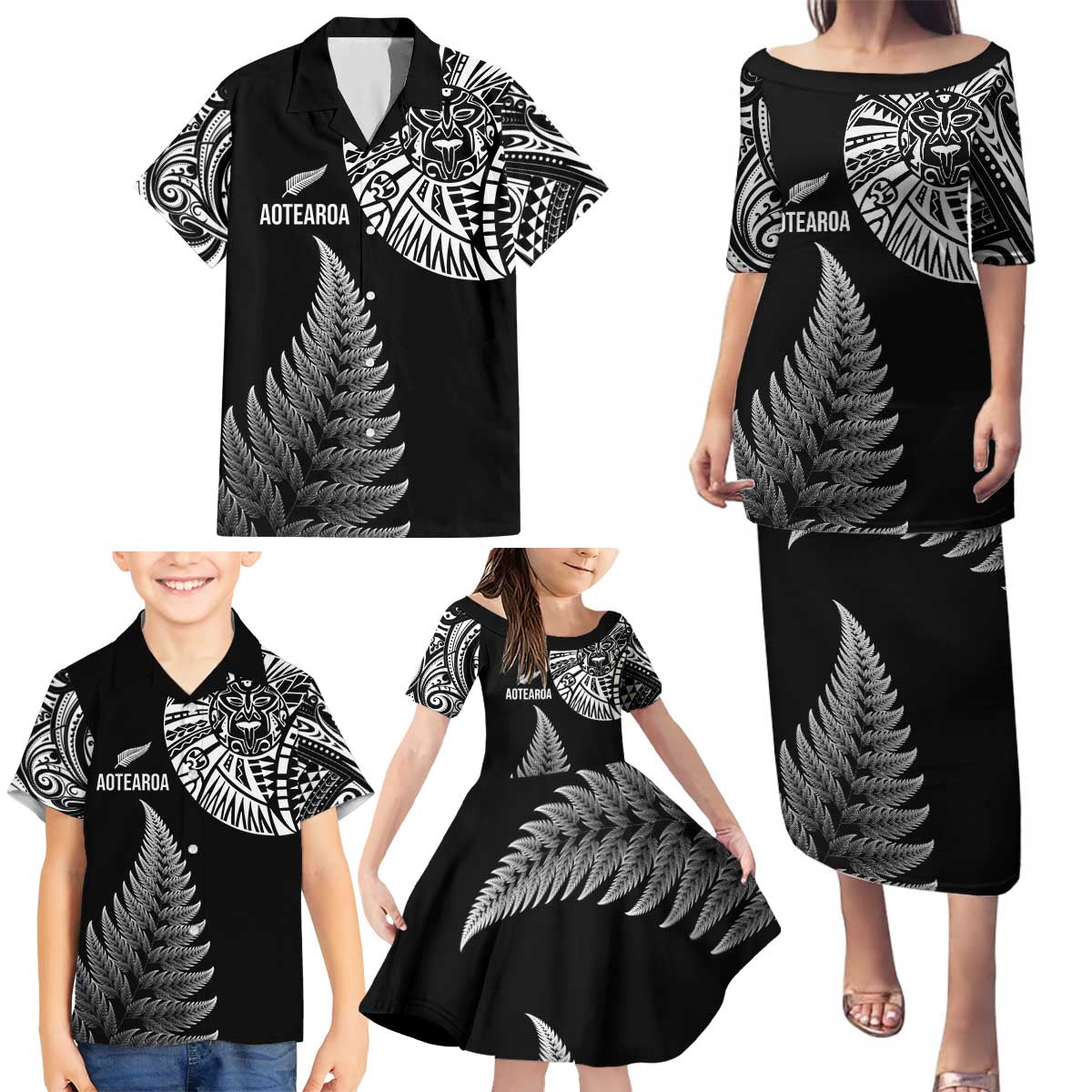 Personalised New Zealand Maori Art Tattoo and Silver Fern Family Matching Puletasi and Hawaiian Shirt