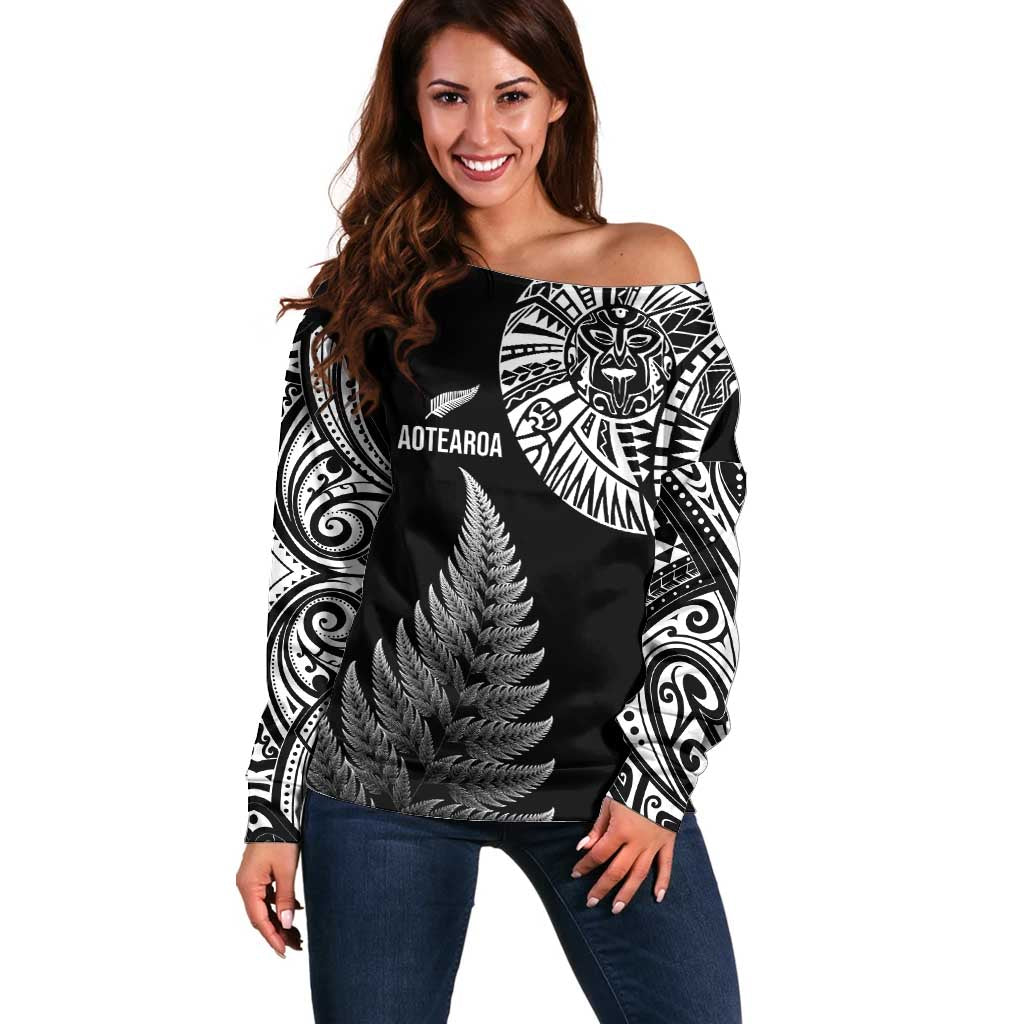 Personalised New Zealand Maori Art Tattoo and Silver Fern Off Shoulder Sweater LT03 Women Black - Polynesian Pride