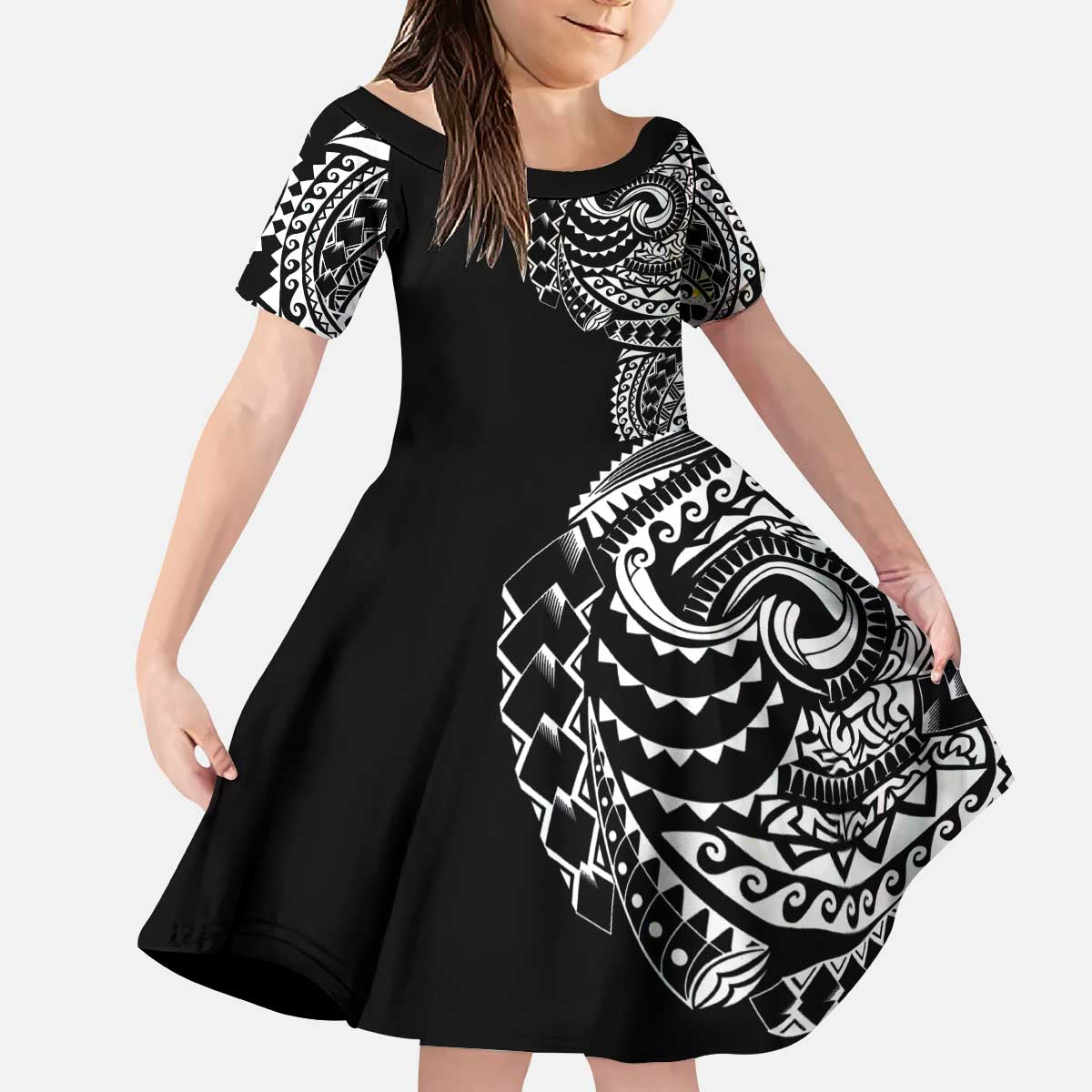 Polynesian Art Traditional Tattoo Kid Short Sleeve Dress Simple Style LT03 KID Black - Polynesian Pride