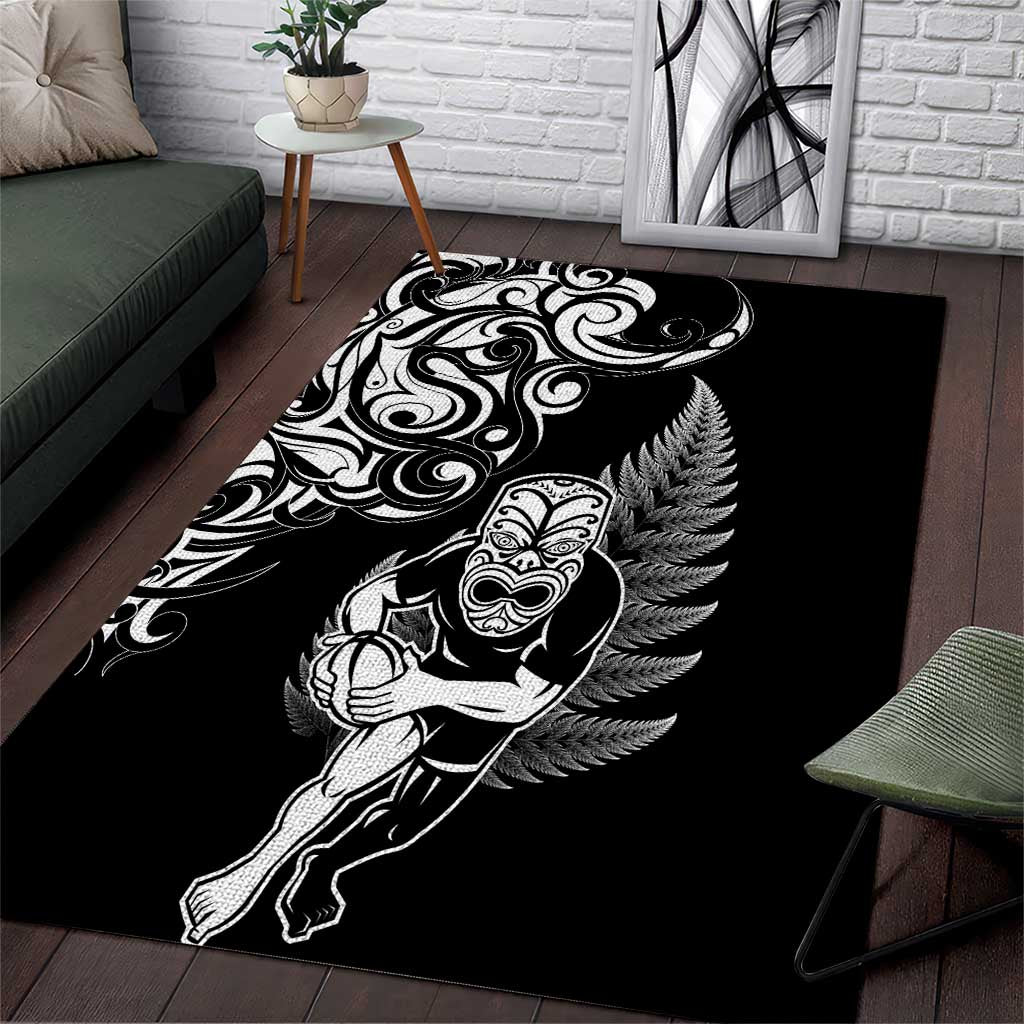 New Zealand Maori Warrior Rugby Area Rug Silver Fern LT03 Black - Polynesian Pride