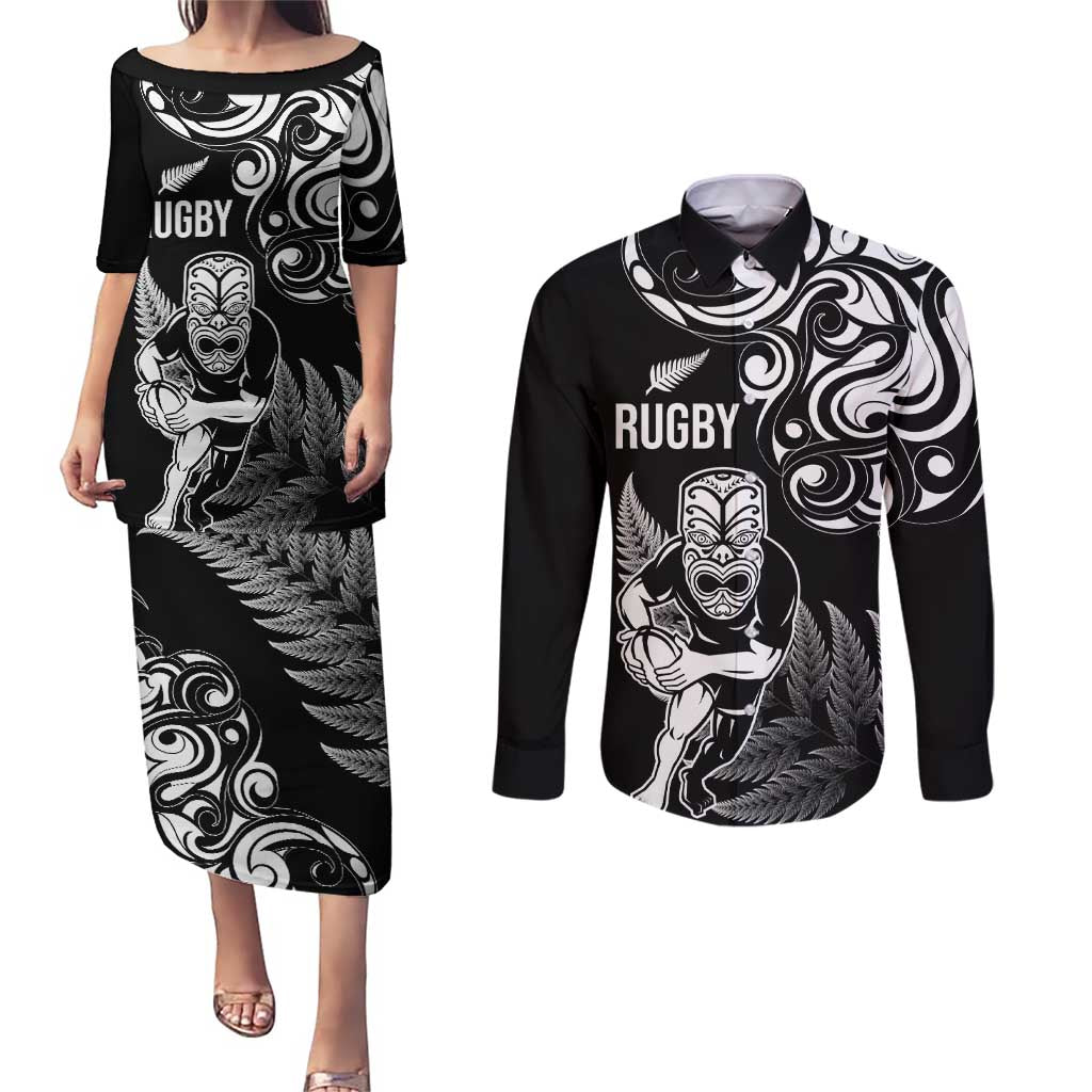 New Zealand Maori Warrior Rugby Couples Matching Puletasi and Long Sleeve Button Shirt Silver Fern