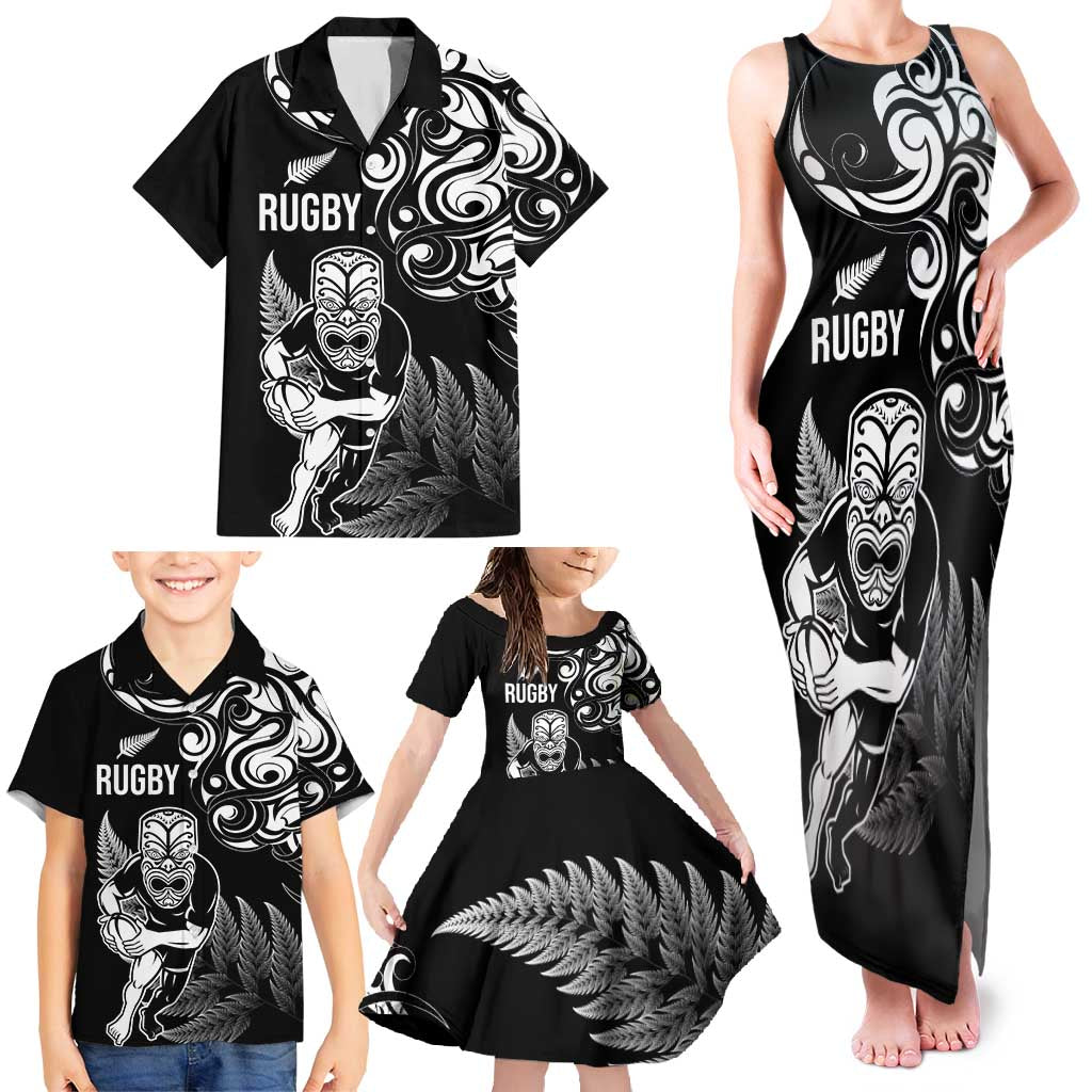 New Zealand Maori Warrior Rugby Family Matching Tank Maxi Dress and Hawaiian Shirt Silver Fern