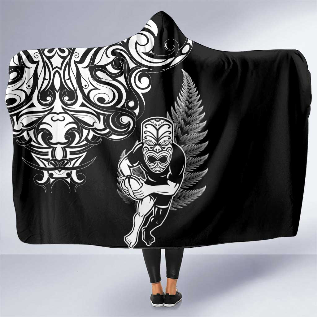 New Zealand Maori Warrior Rugby Hooded Blanket Silver Fern LT03 One Size Black - Polynesian Pride