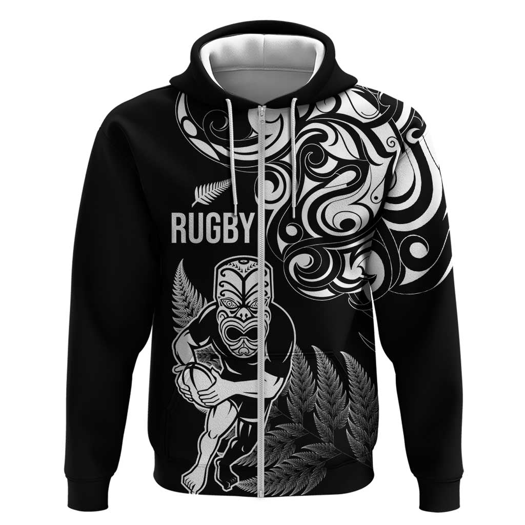 New Zealand Maori Warrior Rugby Hoodie Silver Fern LT03 Zip Hoodie Black - Polynesian Pride