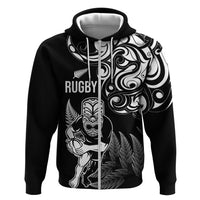 New Zealand Maori Warrior Rugby Hoodie Silver Fern LT03 Zip Hoodie Black - Polynesian Pride