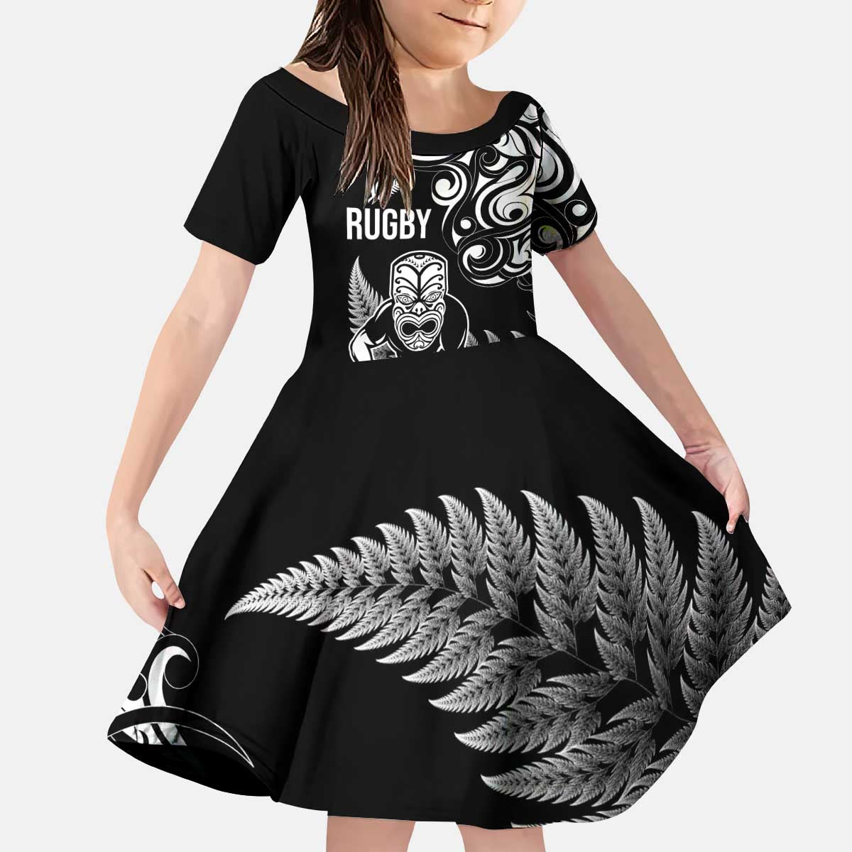 New Zealand Maori Warrior Rugby Kid Short Sleeve Dress Silver Fern