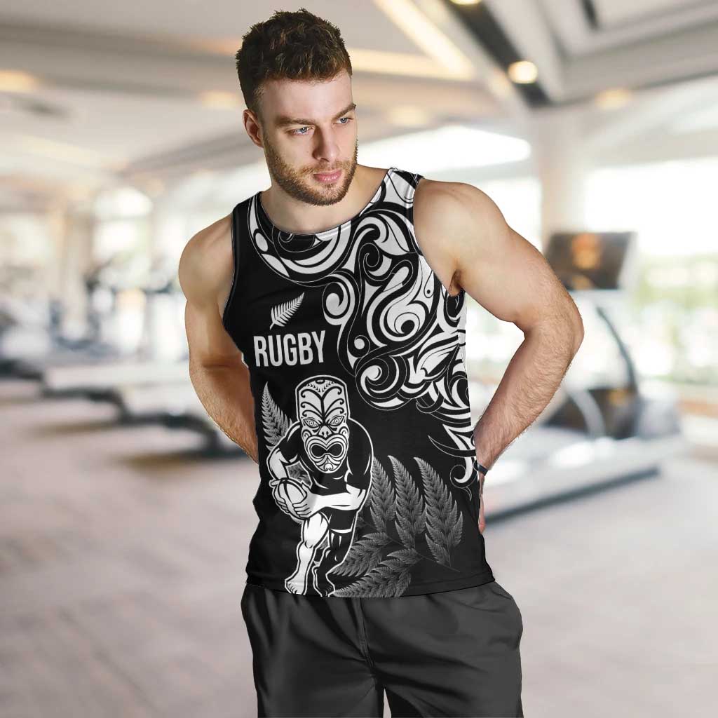 New Zealand Maori Warrior Rugby Men Tank Top Silver Fern LT03 Black - Polynesian Pride