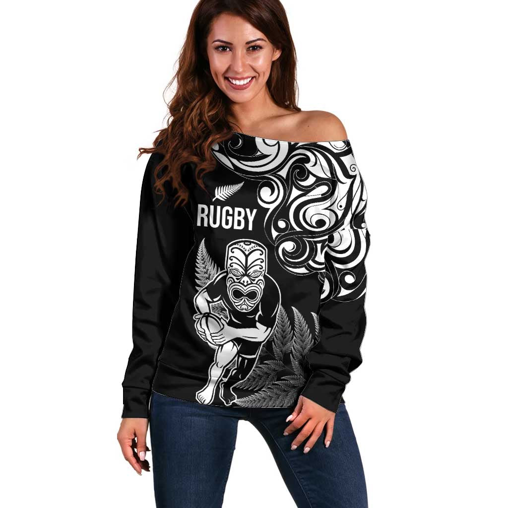 New Zealand Maori Warrior Rugby Off Shoulder Sweater Silver Fern LT03 Women Black - Polynesian Pride