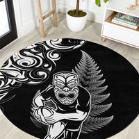 New Zealand Maori Warrior Rugby Round Carpet Silver Fern LT03 Black - Polynesian Pride