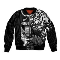 New Zealand Maori Warrior Rugby Sleeve Zip Bomber Jacket Silver Fern LT03 Unisex Black - Polynesian Pride