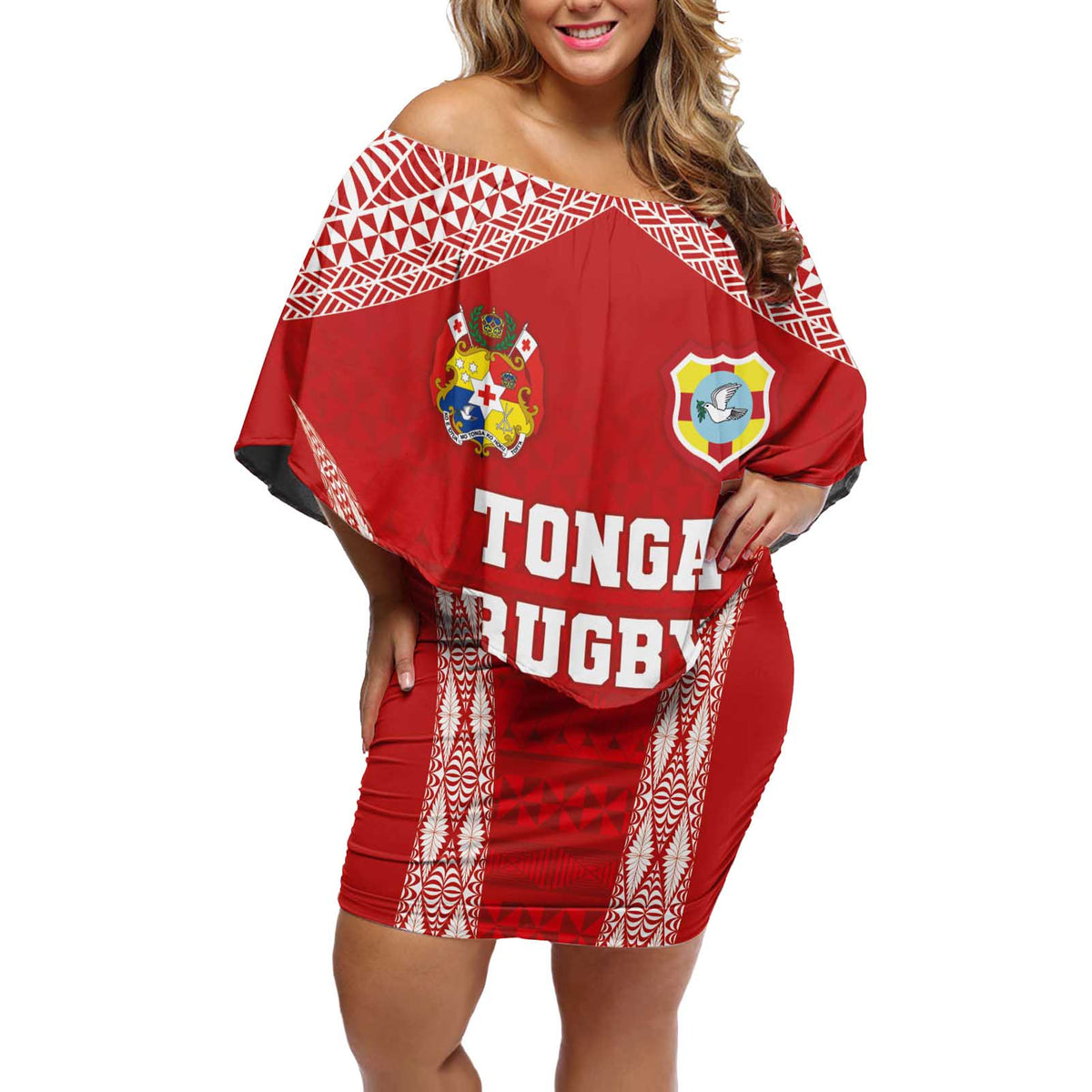 Custom Tonga Pacific Rugby 2024 Off Shoulder Short Dress Ngatu Tribal Pattern LT03 Women Red - Polynesian Pride