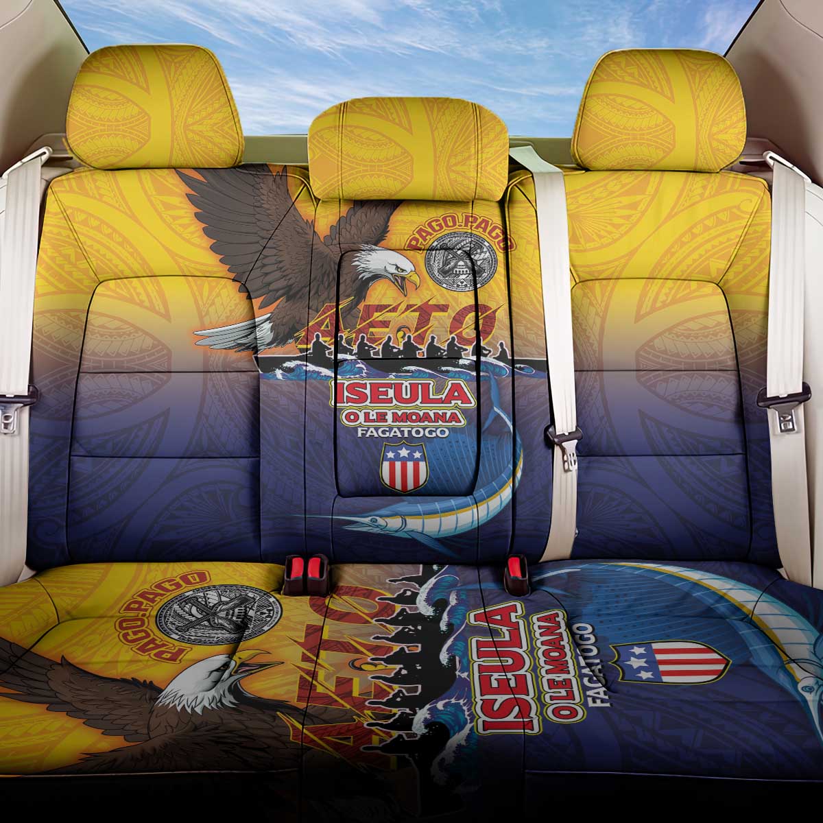 American Samoa Fautasi Back Car Seat Cover Bald Eage and Sailfish with Kakau Motifs LT03 One Size Yellow - Polynesian Pride