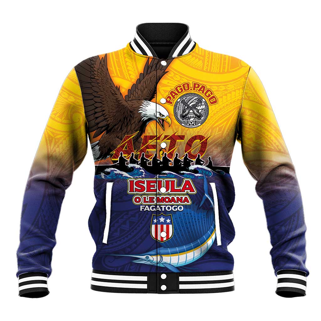 American Samoa Fautasi Baseball Jacket Bald Eage and Sailfish with Kakau Motifs LT03 Unisex Yellow - Polynesian Pride