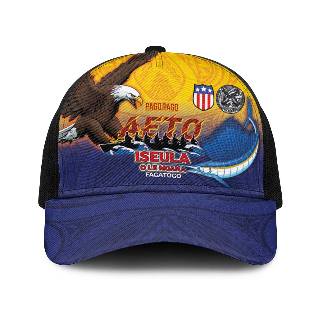 American Samoa Fautasi Baseball Net Cap Bald Eage and Sailfish with Kakau Motifs LT03 One Size Black Yellow - Polynesian Pride