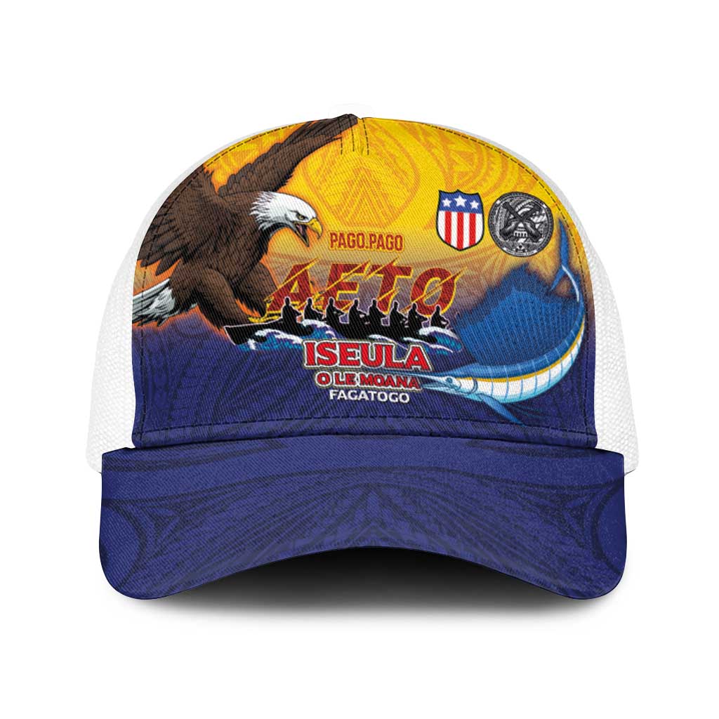 American Samoa Fautasi Baseball Net Cap Bald Eage and Sailfish with Kakau Motifs LT03 One Size White Yellow - Polynesian Pride