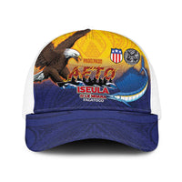 American Samoa Fautasi Baseball Net Cap Bald Eage and Sailfish with Kakau Motifs LT03 One Size White Yellow - Polynesian Pride