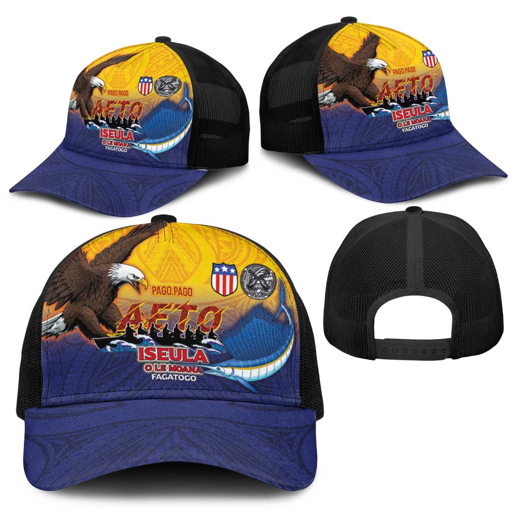 American Samoa Fautasi Baseball Net Cap Bald Eage and Sailfish with Kakau Motifs LT03 - Polynesian Pride
