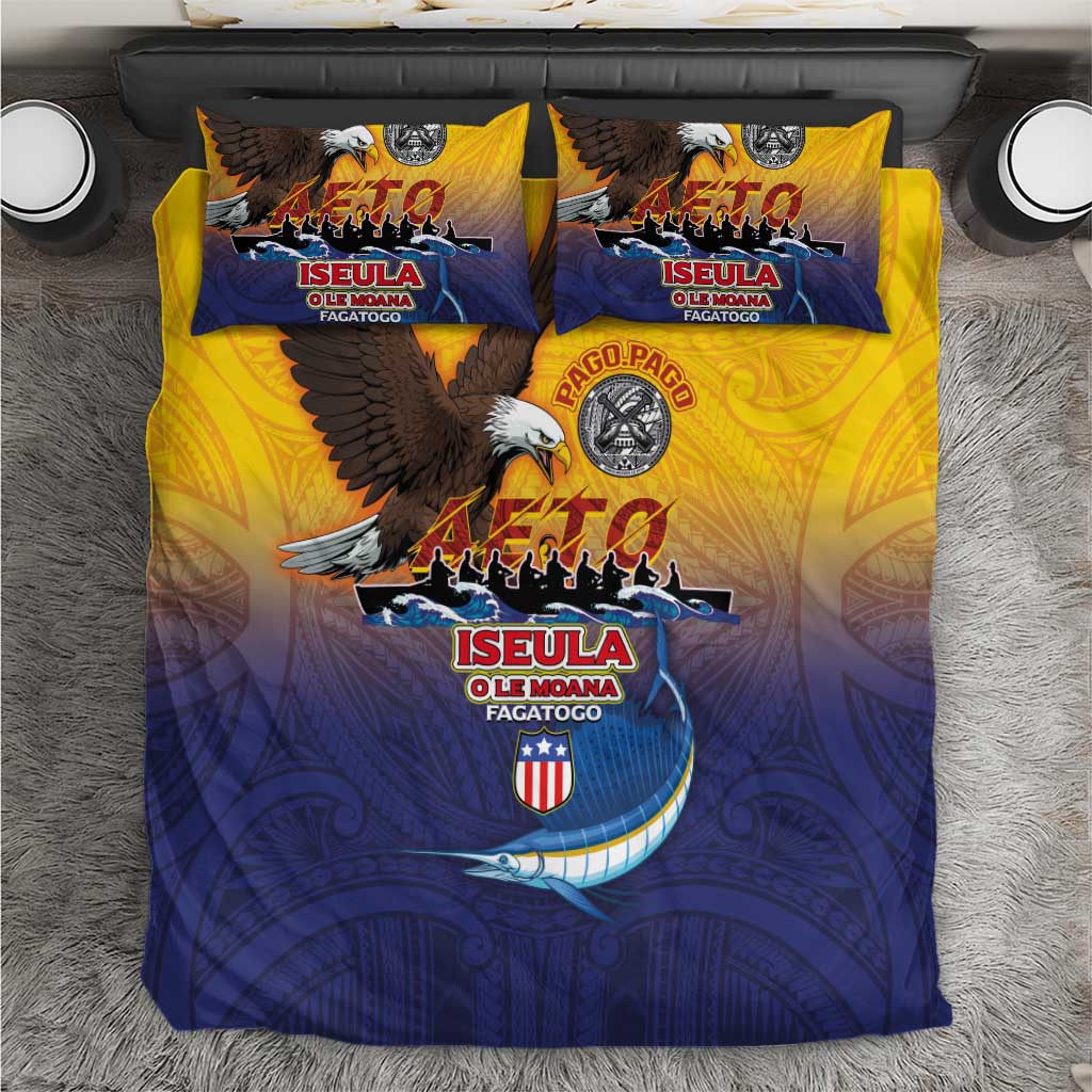 American Samoa Fautasi Bedding Set Bald Eage and Sailfish with Kakau Motifs LT03 Yellow - Polynesian Pride