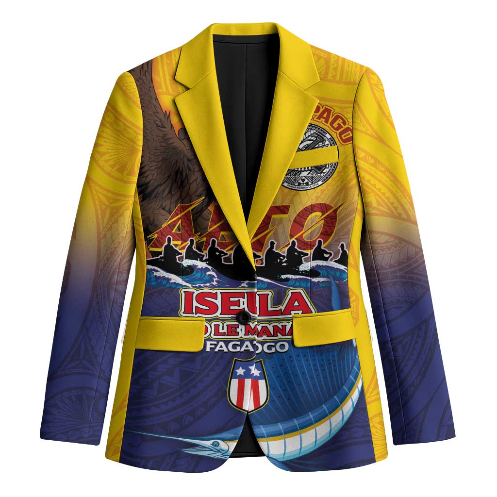 American Samoa Fautasi Blazer Bald Eage and Sailfish with Kakau Motifs LT03 Unisex Yellow - Polynesian Pride