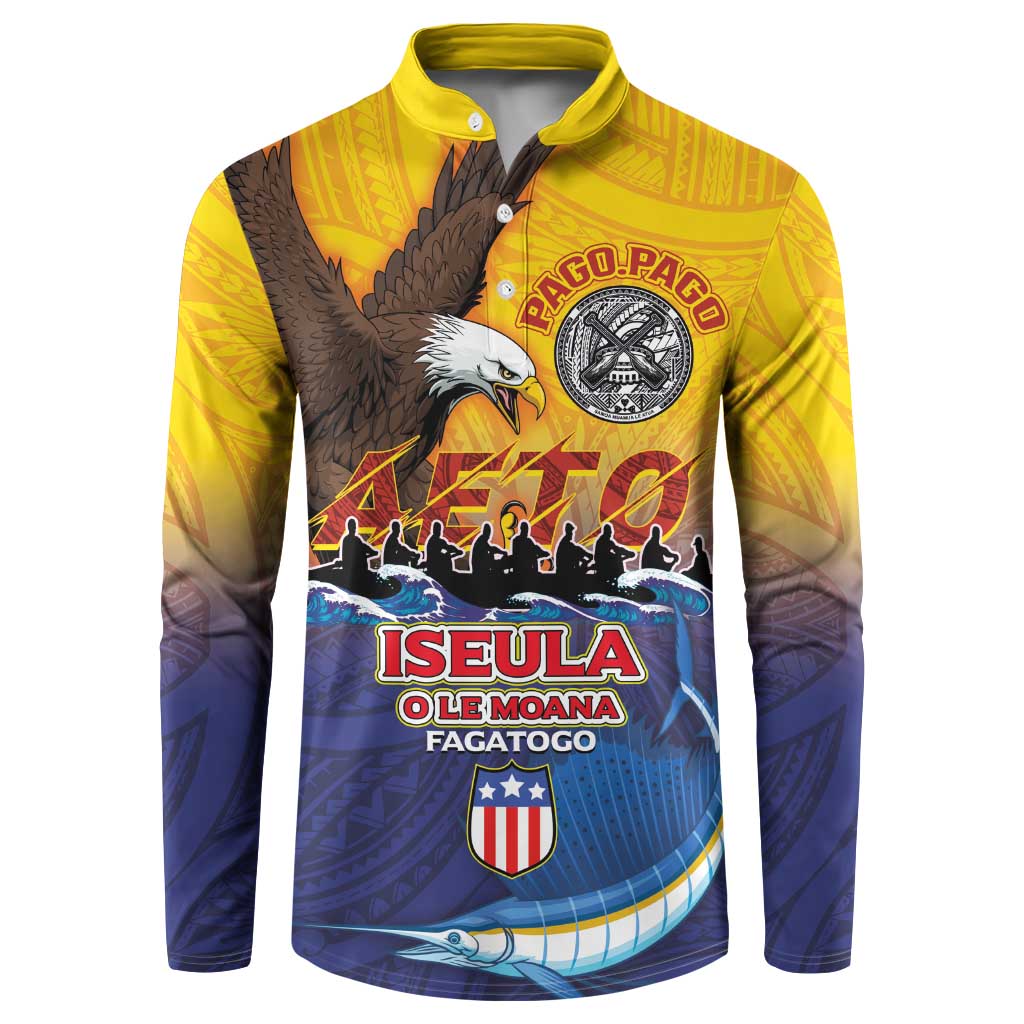 American Samoa Fautasi Button Sweatshirt Bald Eage and Sailfish with Kakau Motifs LT03 Yellow - Polynesian Pride