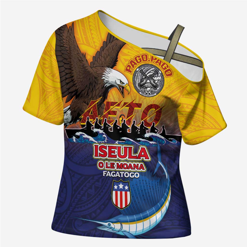 American Samoa Fautasi Cross Shoulder Shirt Bald Eage and Sailfish with Kakau Motifs LT03 Female Yellow - Polynesian Pride