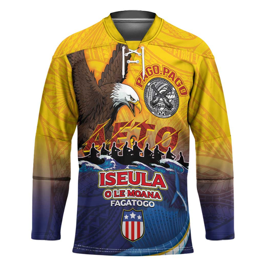 American Samoa Fautasi Hockey Jersey Bald Eage and Sailfish with Kakau Motifs LT03 Unisex Yellow - Polynesian Pride