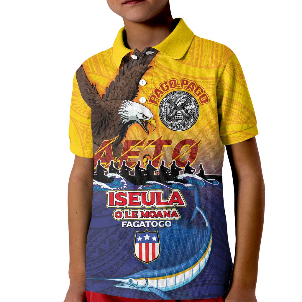 American Samoa Fautasi Kid Polo Shirt Bald Eage and Sailfish with Kakau Motifs LT03 Kid Yellow - Polynesian Pride