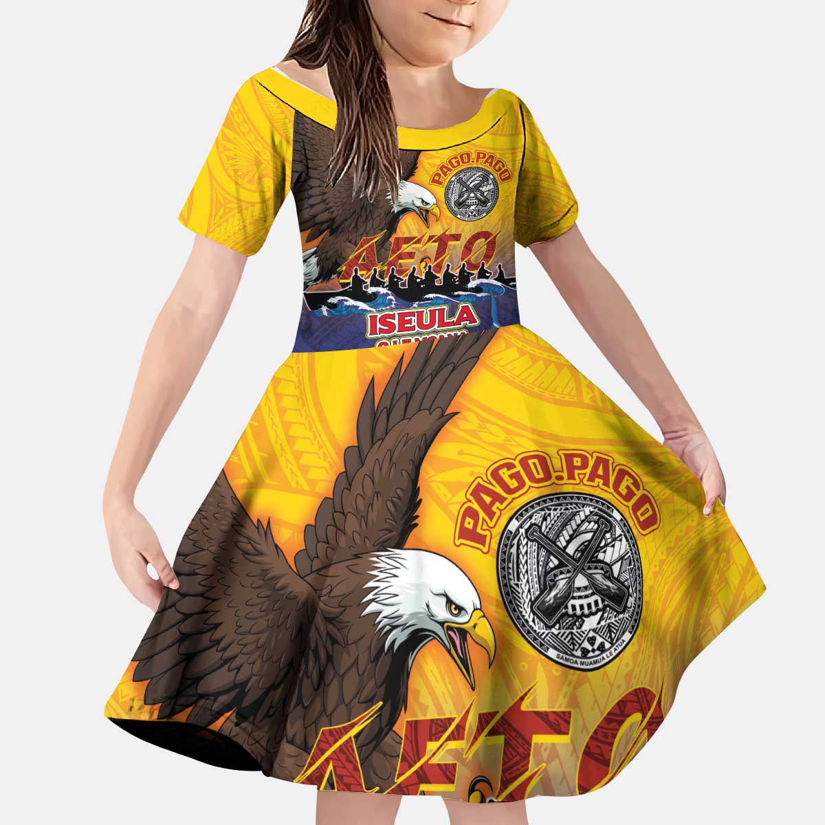 American Samoa Fautasi Kid Short Sleeve Dress Bald Eage and Sailfish with Kakau Motifs LT03 KID Yellow - Polynesian Pride