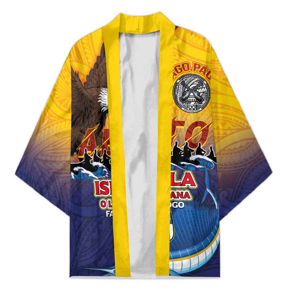 American Samoa Fautasi Kimono Bald Eage and Sailfish with Kakau Motifs LT03 Unisex Yellow - Polynesian Pride