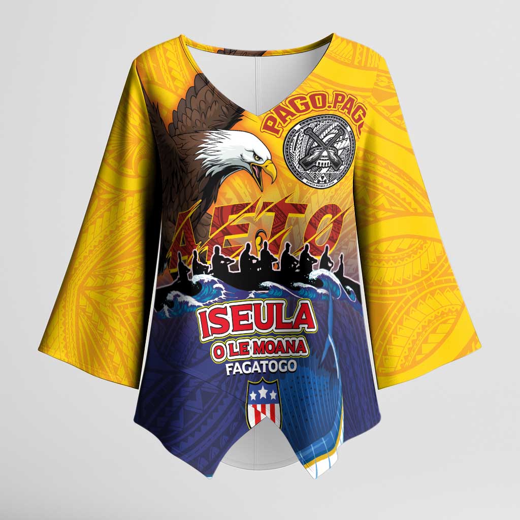 American Samoa Fautasi Kimono Sleeve Blouse Bald Eage and Sailfish with Kakau Motifs LT03 Female Yellow - Polynesian Pride