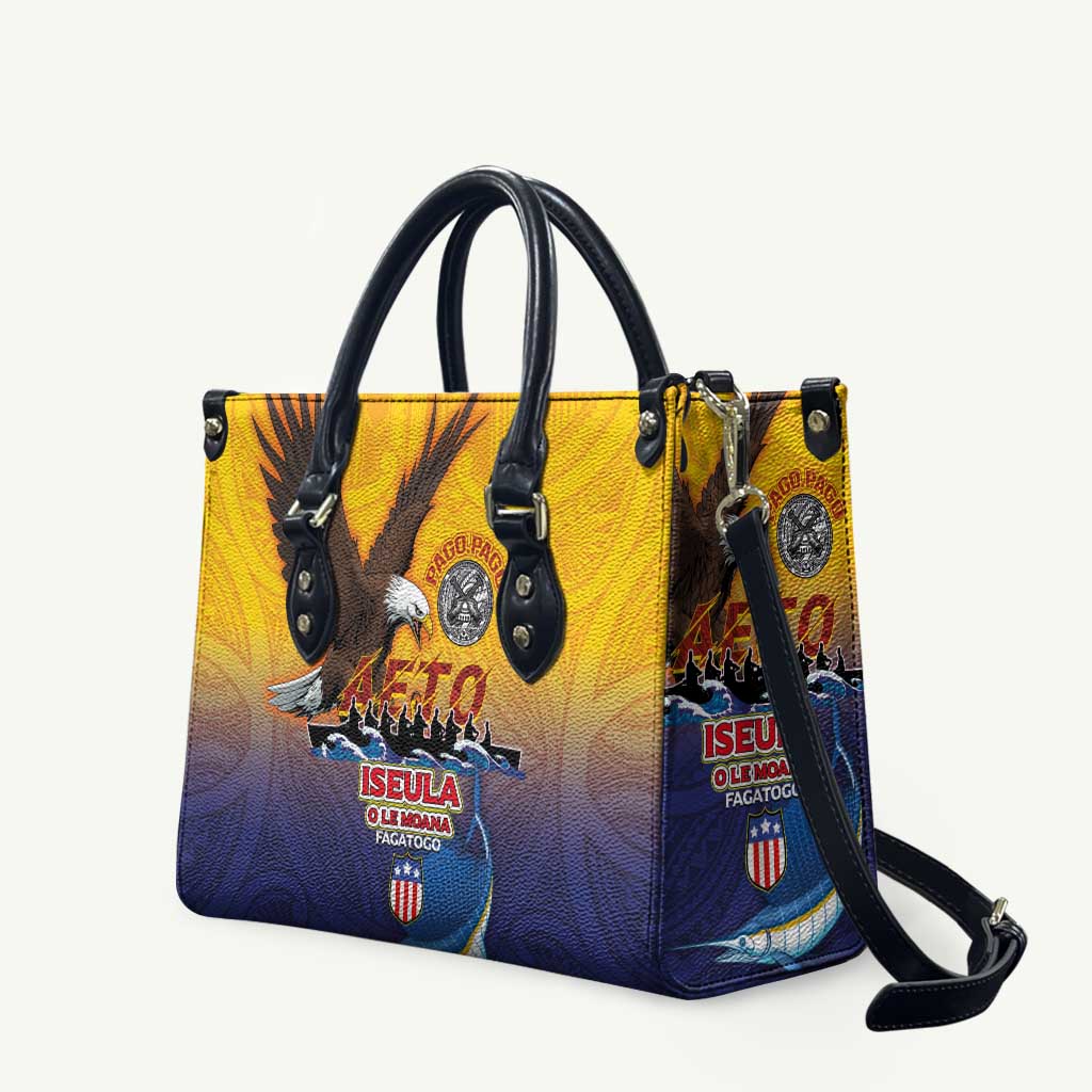 American Samoa Fautasi Leather Bag Bald Eage and Sailfish with Kakau Motifs LT03 Yellow - Polynesian Pride