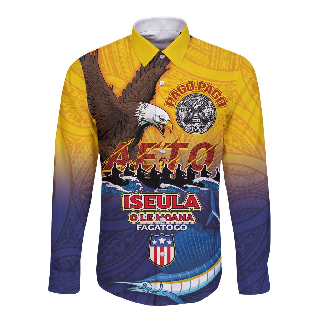 American Samoa Fautasi Long Sleeve Button Shirt Bald Eage and Sailfish with Kakau Motifs LT03 Unisex Yellow - Polynesian Pride