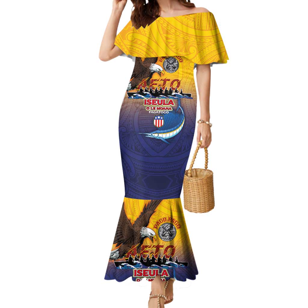 American Samoa Fautasi Mermaid Dress Bald Eage and Sailfish with Kakau Motifs LT03 Women Yellow - Polynesian Pride