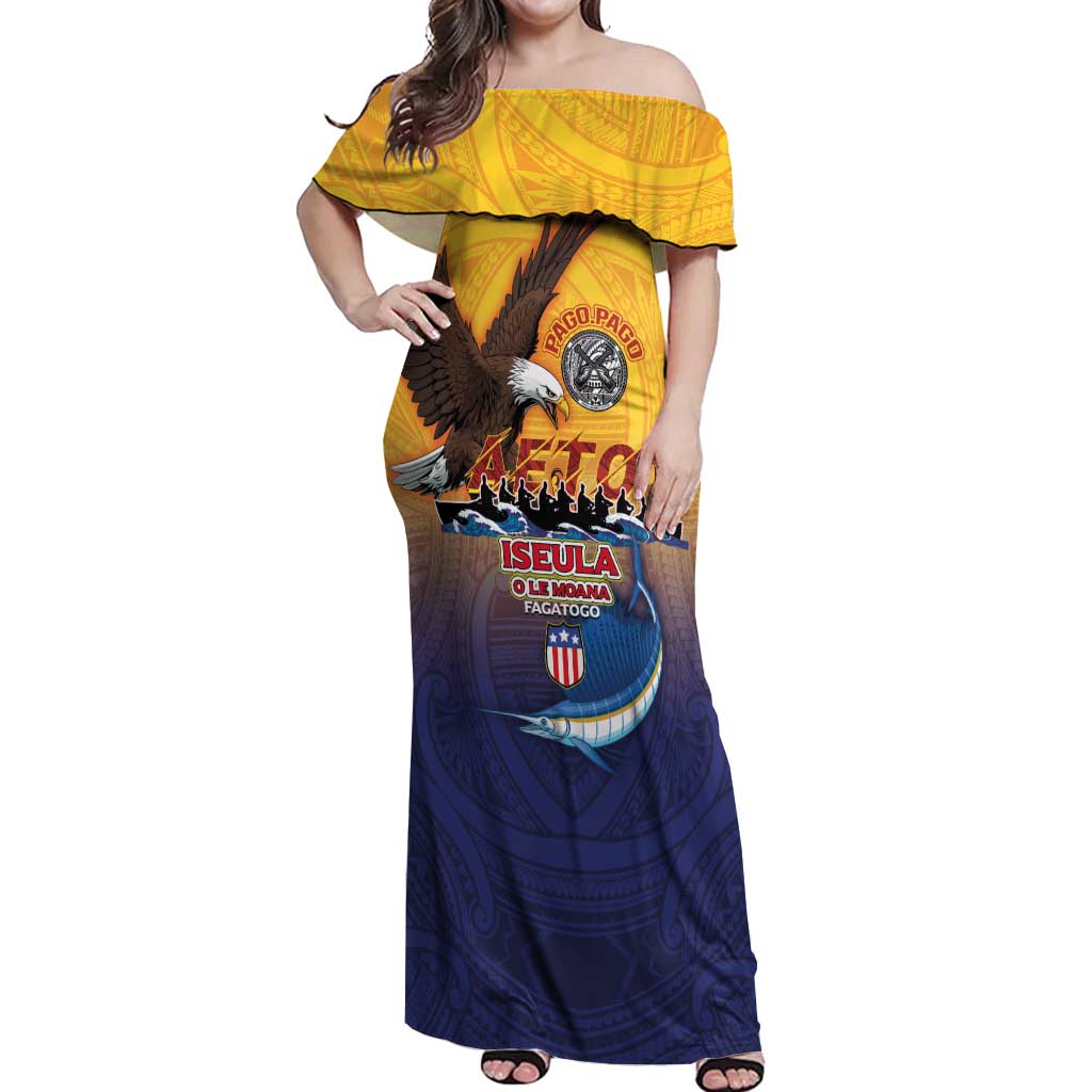 American Samoa Fautasi Off Shoulder Maxi Dress Bald Eage and Sailfish with Kakau Motifs LT03 Women Yellow - Polynesian Pride