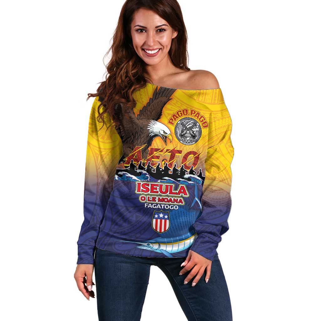 American Samoa Fautasi Off Shoulder Sweater Bald Eage and Sailfish with Kakau Motifs LT03 Women Yellow - Polynesian Pride